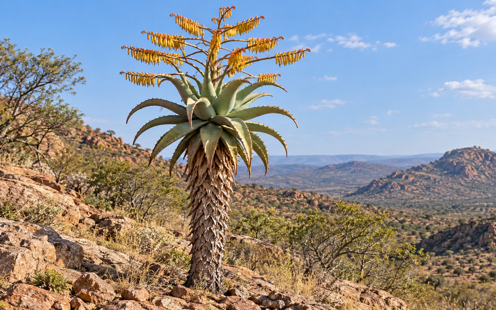 Stem, spiny leaf rosette, and horizontal racemes of Aloe marlothii · AI image