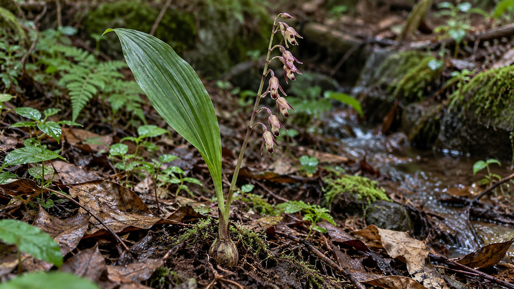 One-leaved terrestrial Cremastra orchid flowering in humid woodland · AI illustration