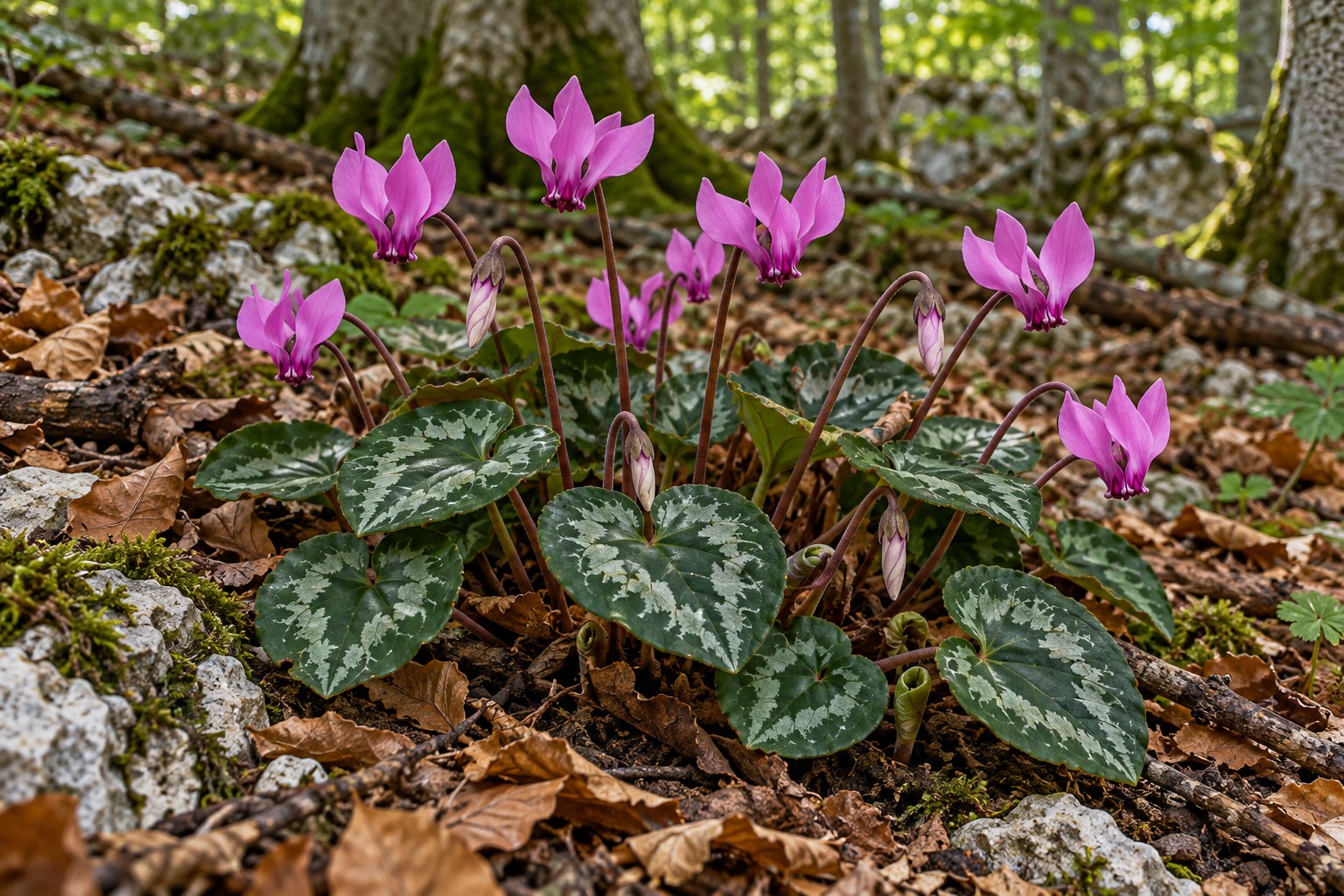 Cyclamen with silver-marbled leaves and magenta flowers in woodland