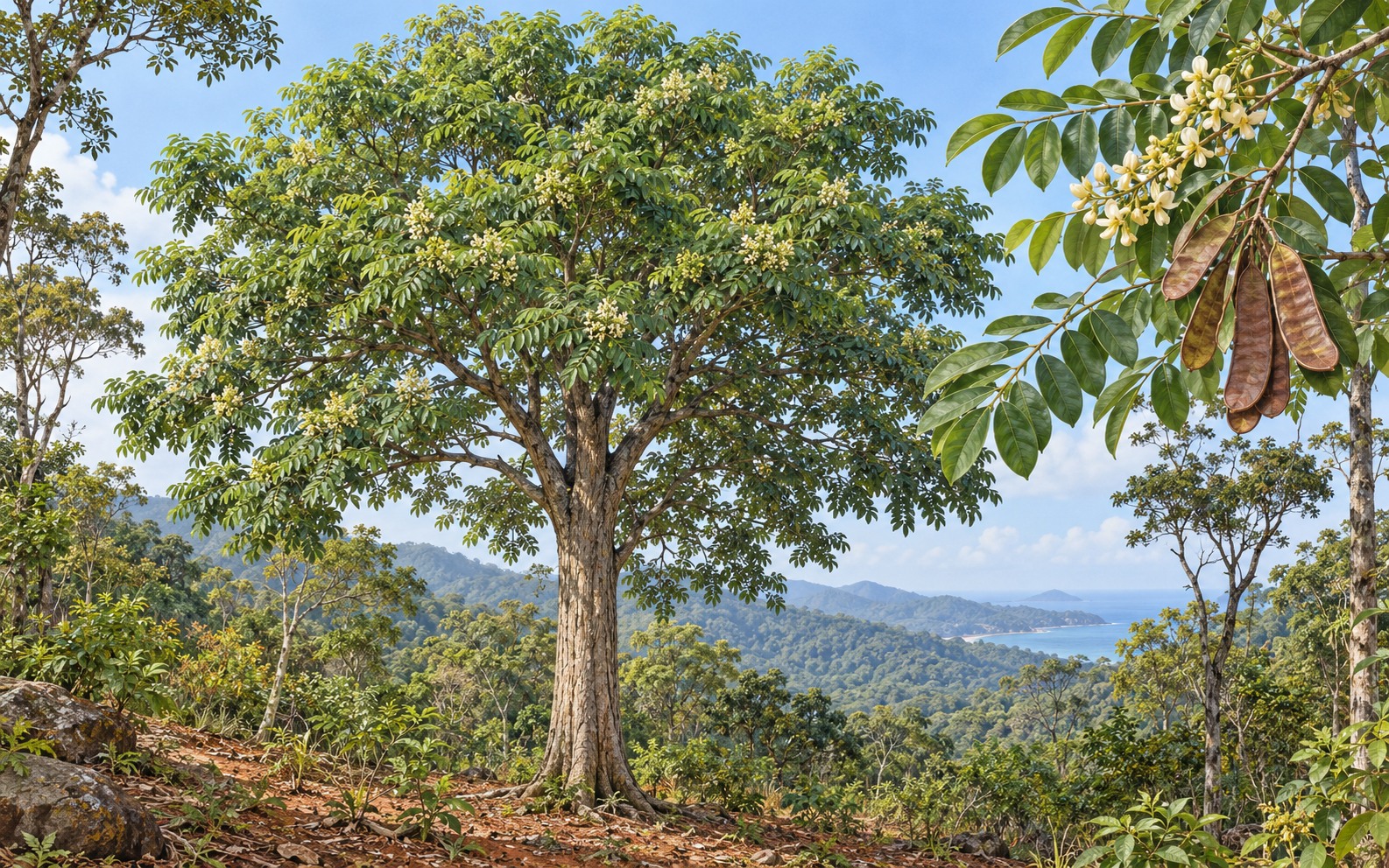 Pinnate leaves and flattened pods of fragrant rosewood · AI illustration