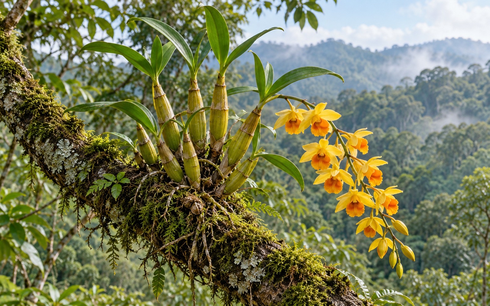 Pseudobulb canes and yellow raceme of golden-bow dendrobium · AI illustration
