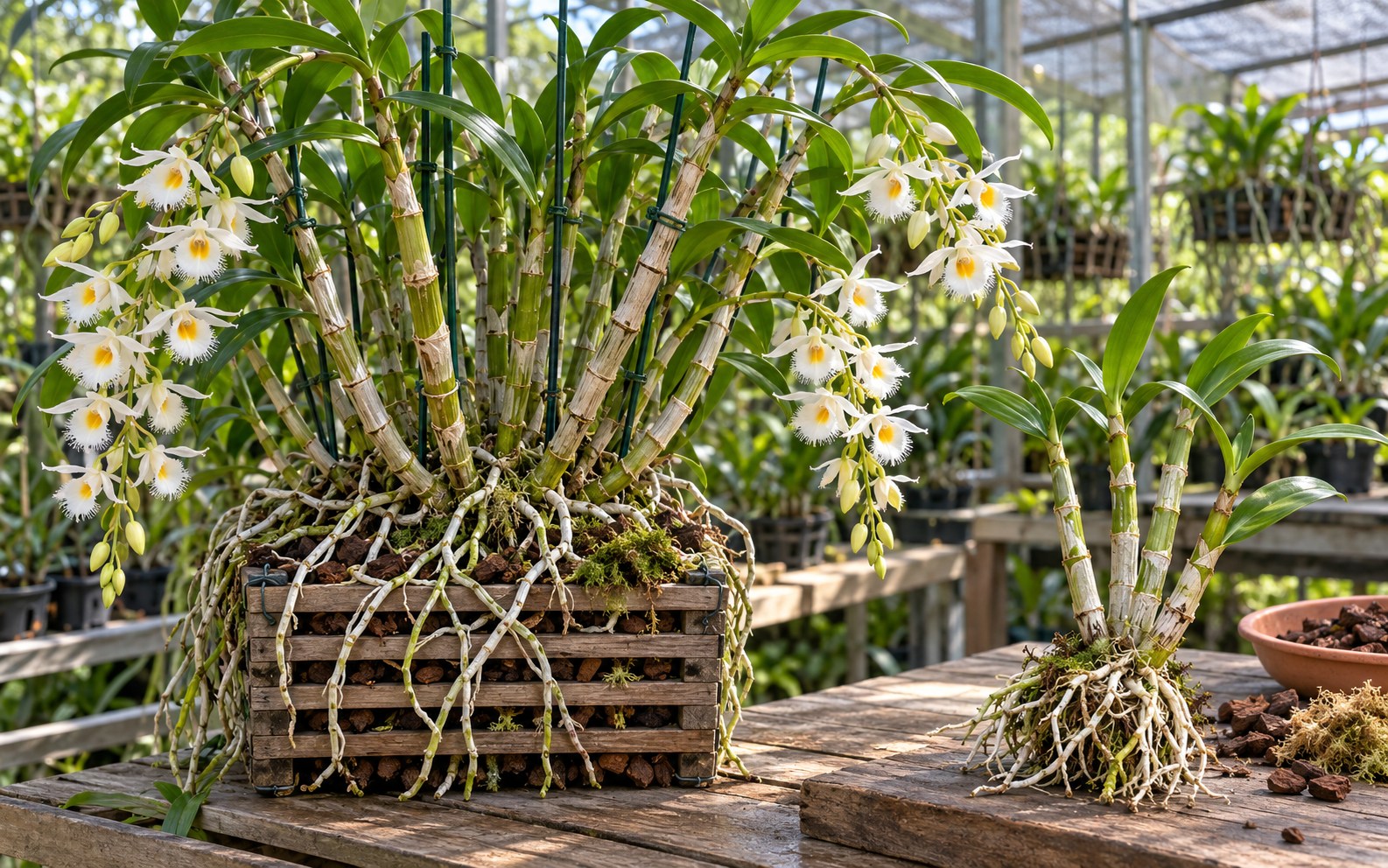 Fringe-lipped dendrobium grown in an airy orchid basket with bark medium