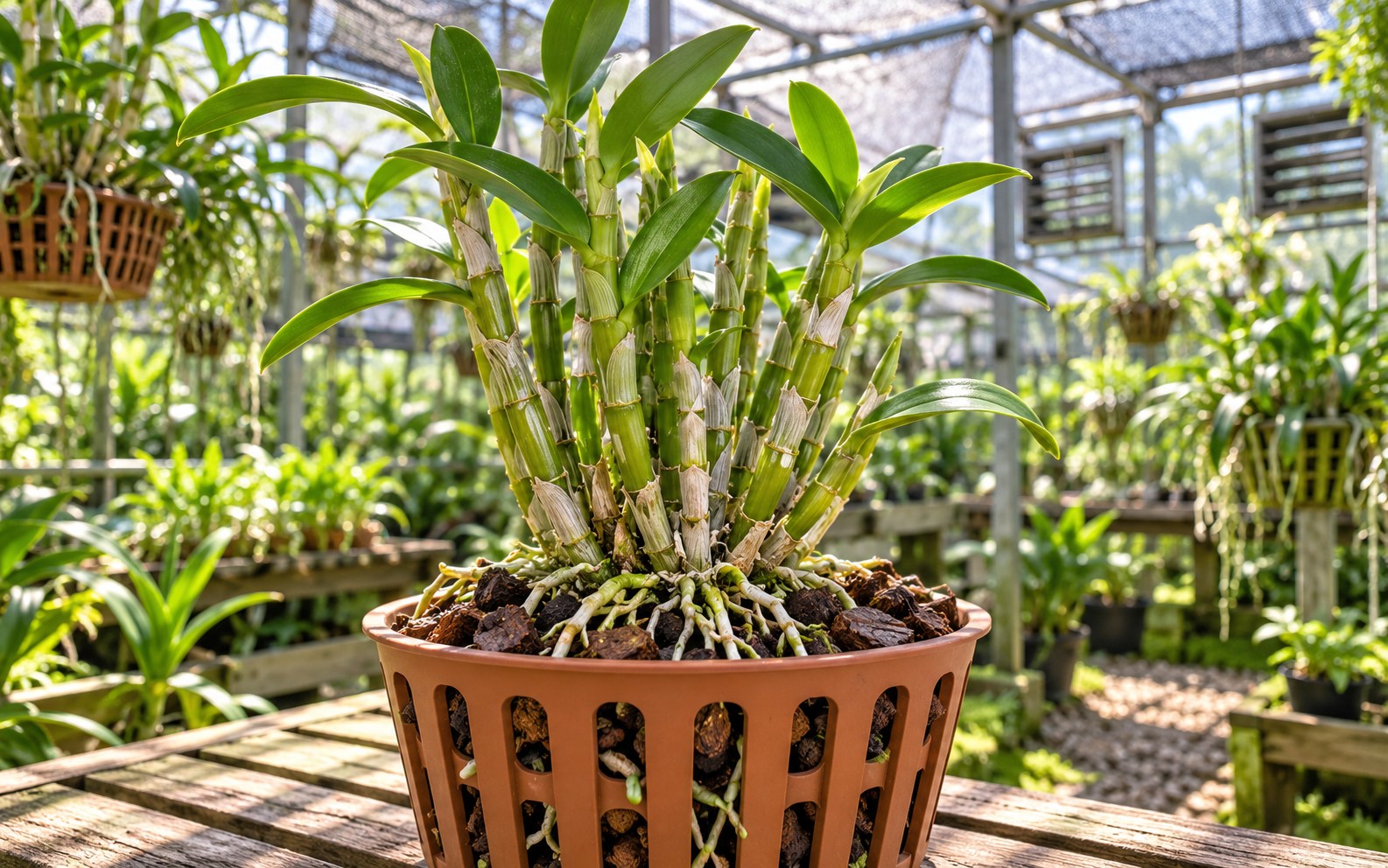 Dendrobium nobile grown in an airy bark-filled orchid basket