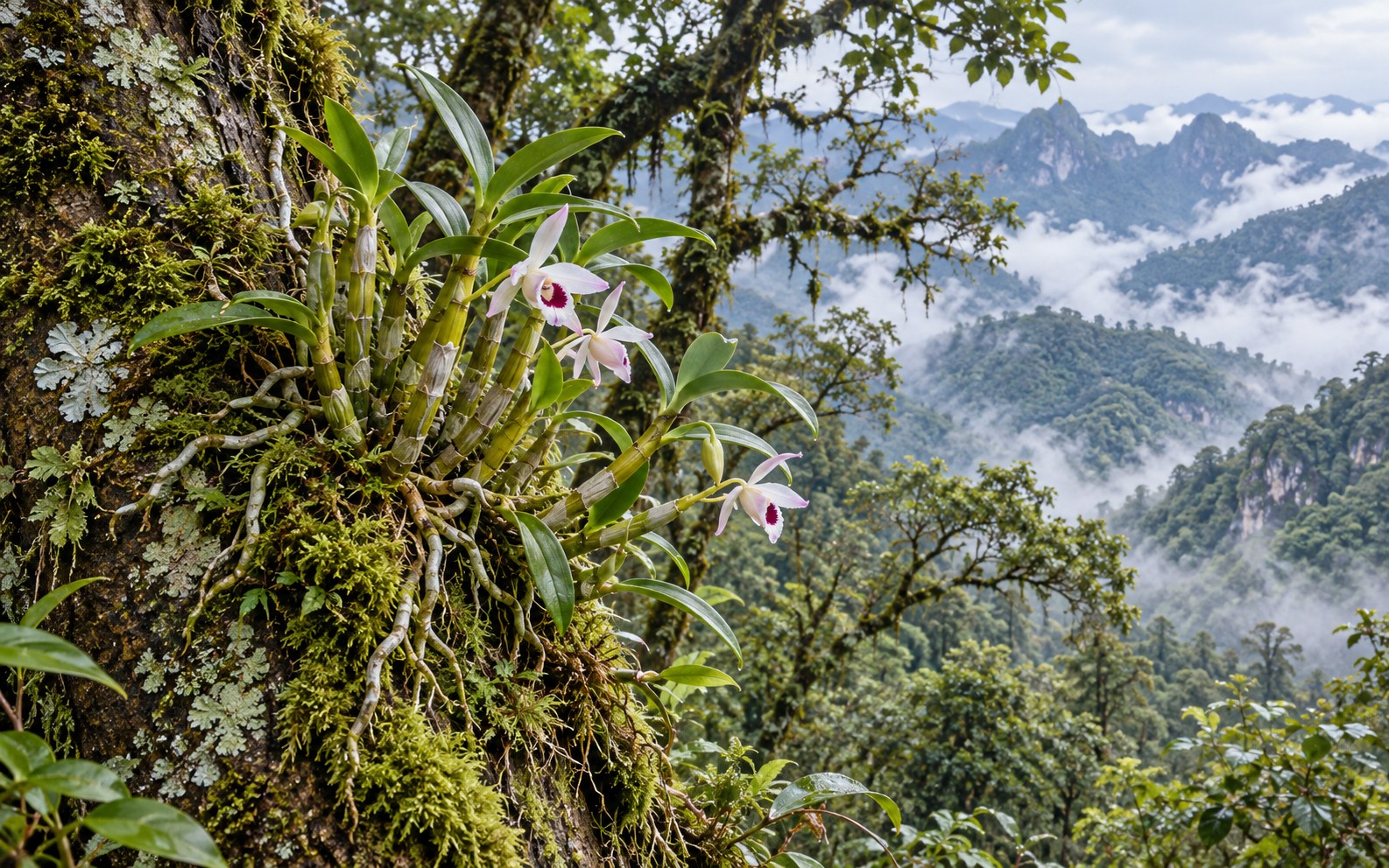 Dendrobium nobile attached to a tree in a humid mountain forest