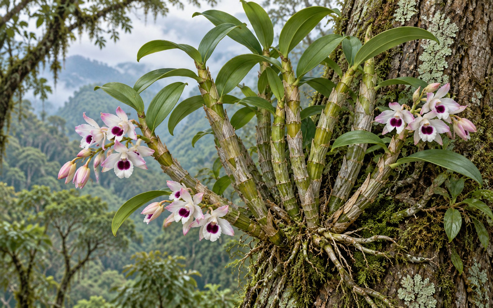 Noble dendrobium: jointed canes and pale flowers with purple lip