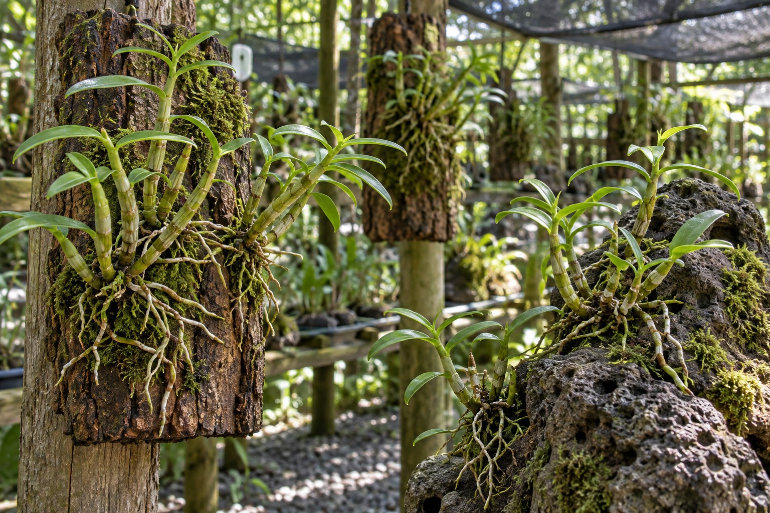 Tiepi Shihu cultivated on airy bark and rock in a nursery