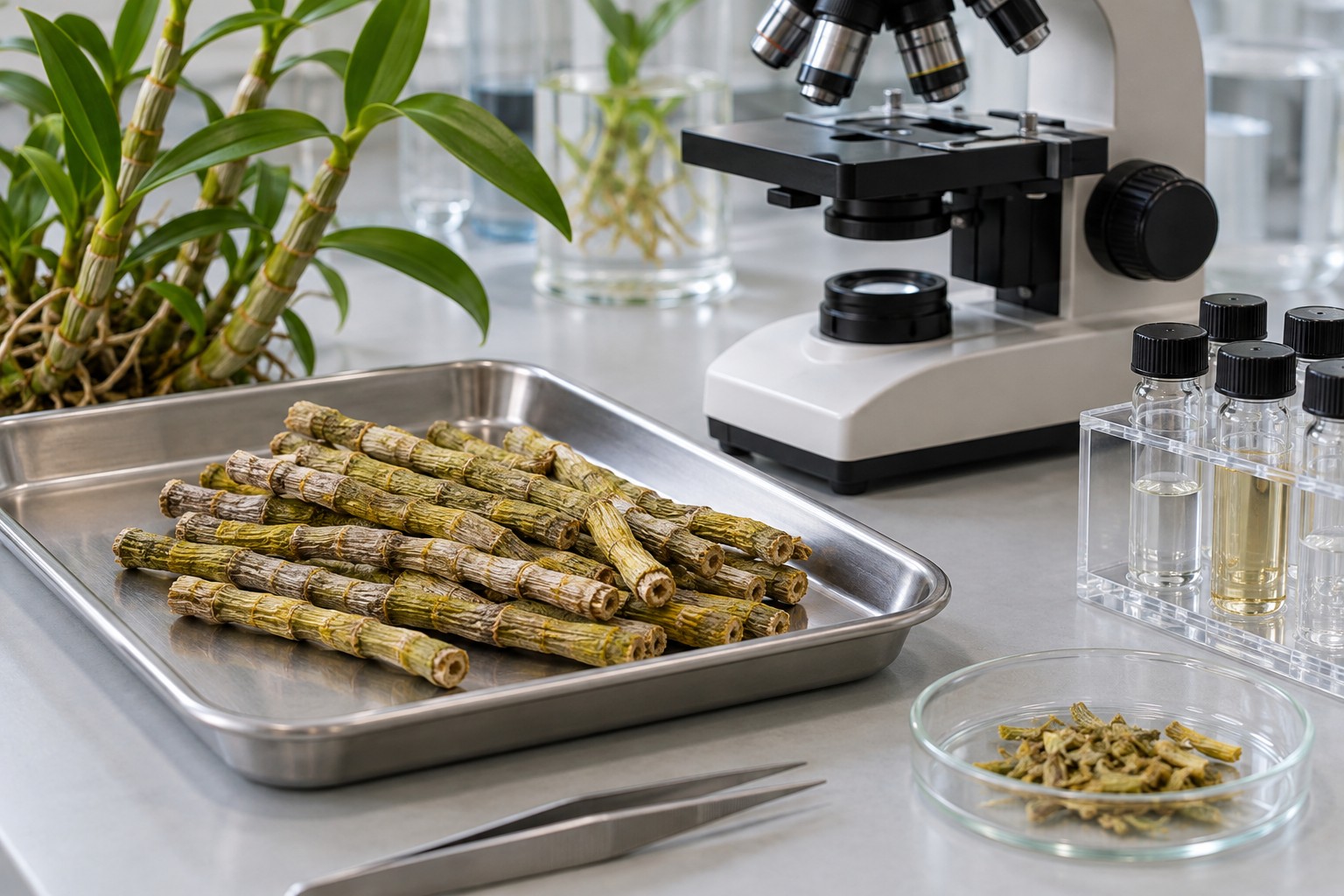 Dried stem sample and analytical equipment in a laboratory