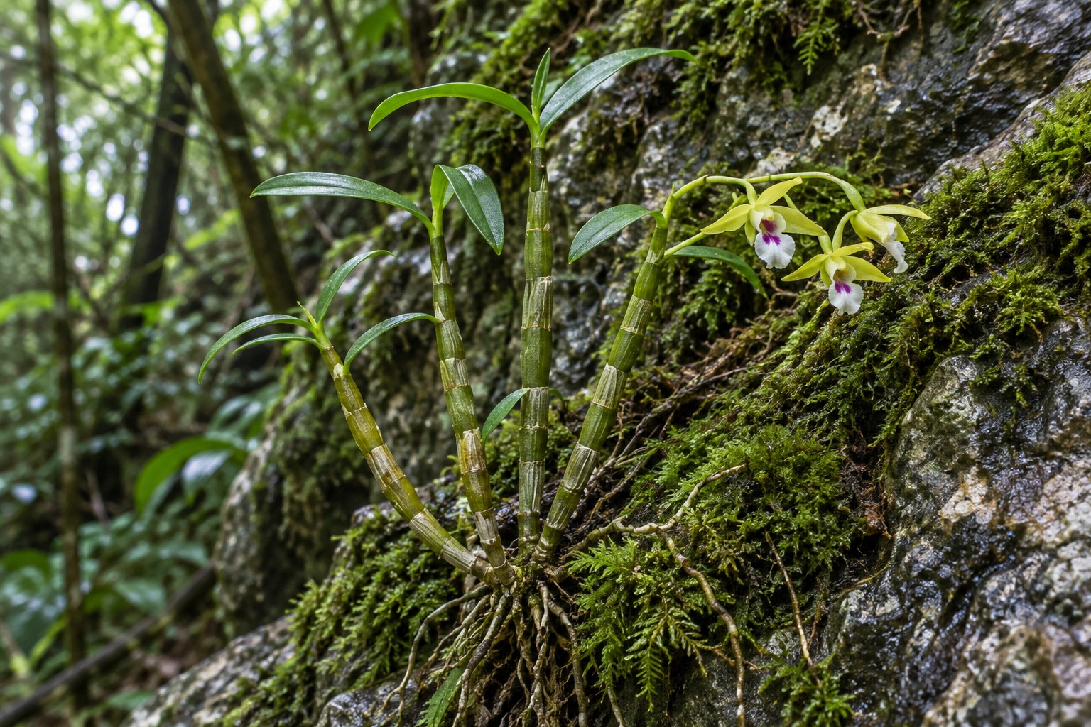 Orchid attached to moist rock in a shaded forest habitat