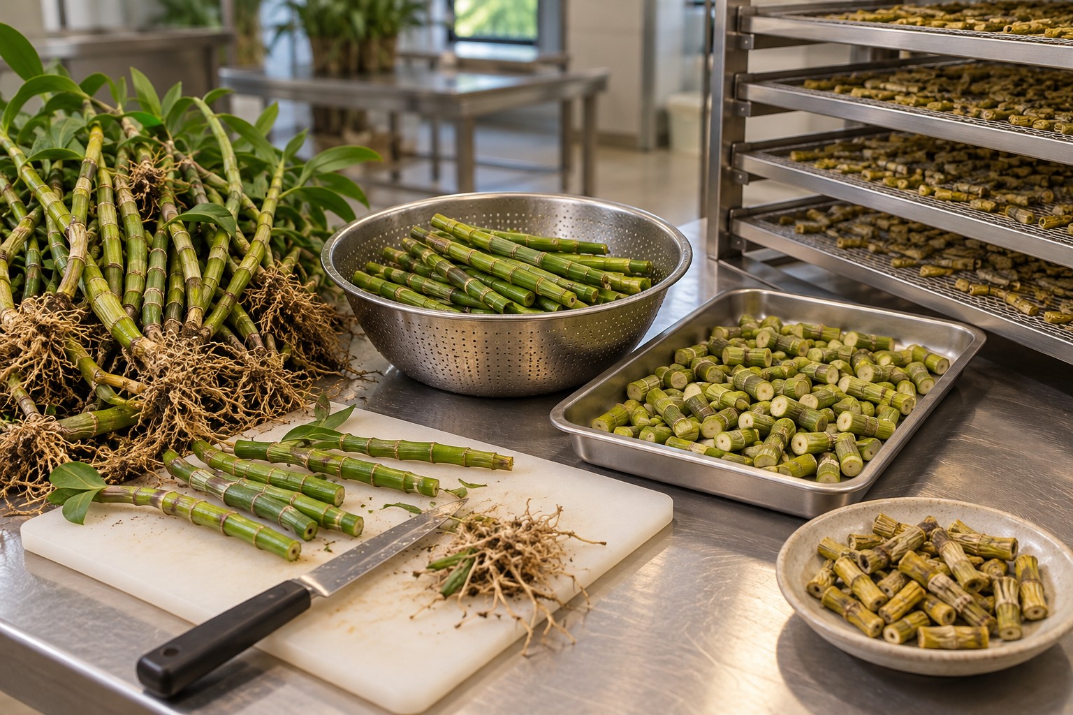 Dendrobium stems being cleaned, cut, and dried