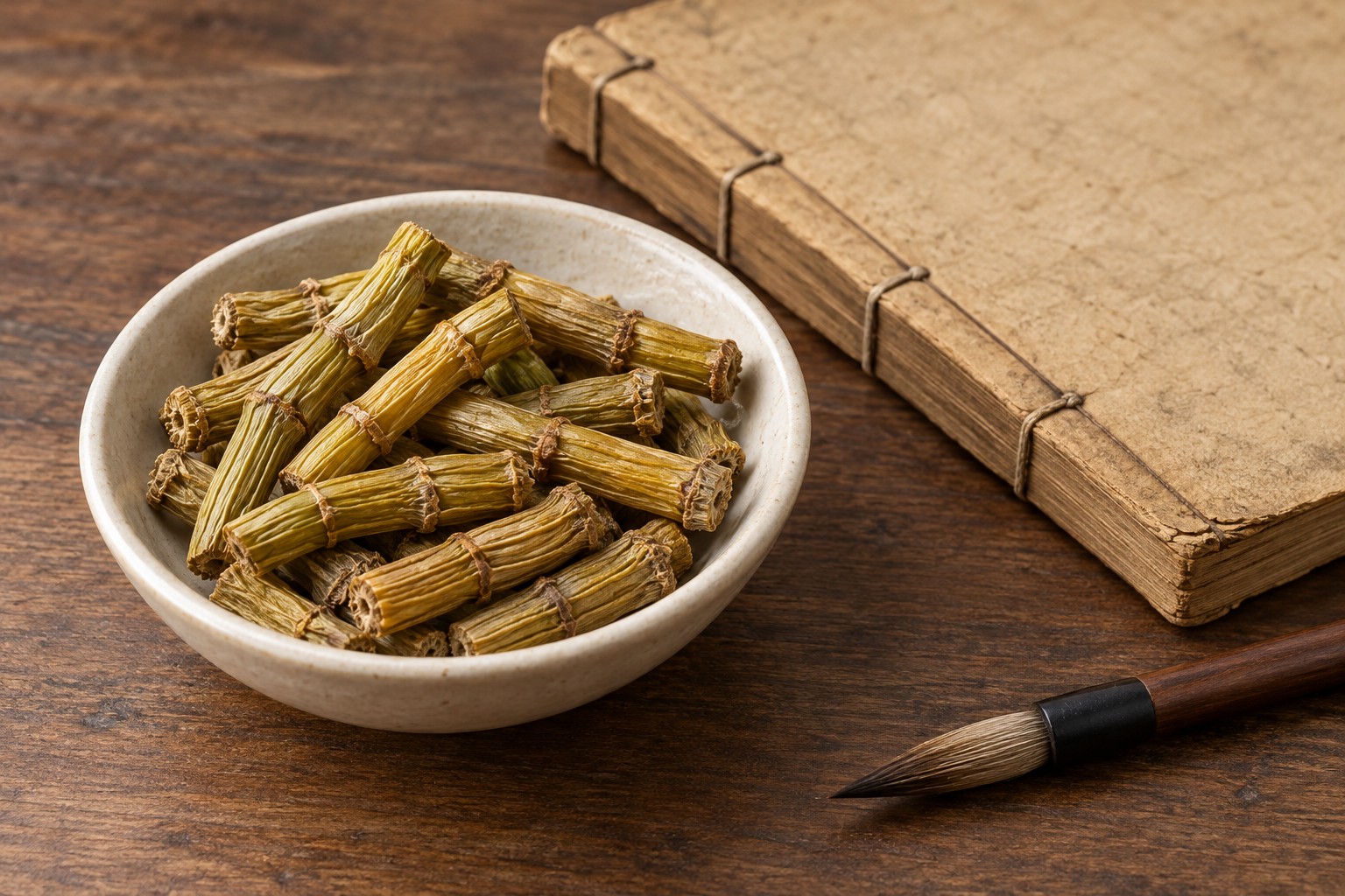 Dried Dendrobium stems beside a blank materia-medica book