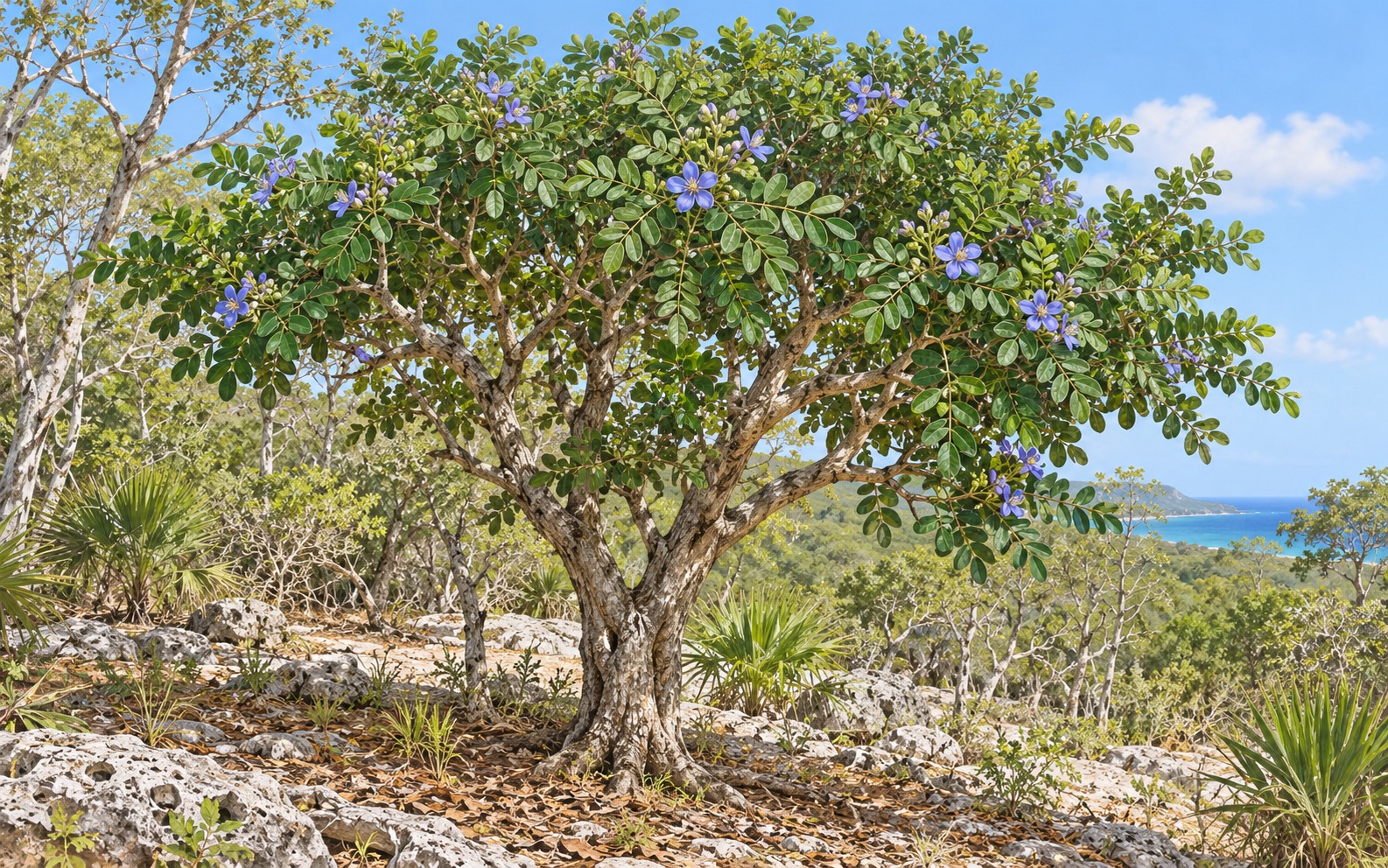 Rounded crown, opposite pinnate leaves, and blue-violet flowers of Guaiacum sanctum · AI