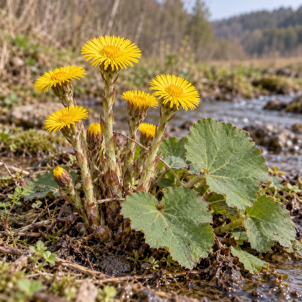 Coltsfoot flower bud — Living plant / source habitat