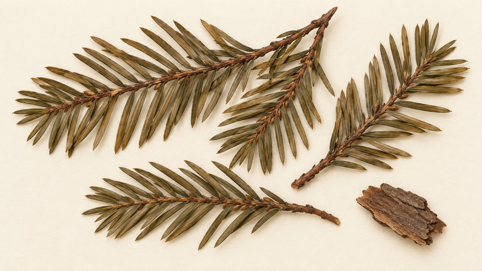 Dried Taxus twig and bark fragments for morphology study · AI illustration